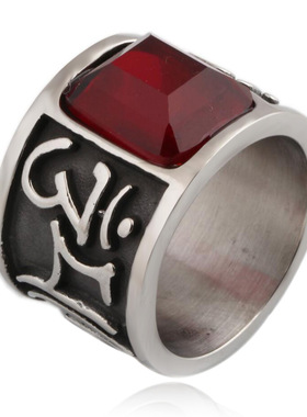 瑞铂朗六字真言红宝石钻钛钢男士戒指食指扳指超宽霸气 Hum Rings