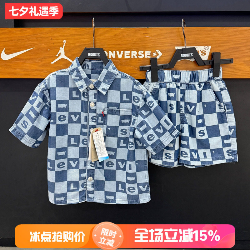 李维斯童装经典短袖牛仔格子衬衫夏款宽松百搭轻薄衬衣 LV2522005