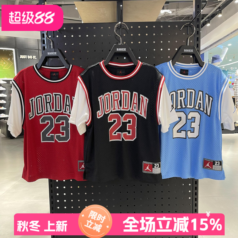 JORDAN正品25年夏款男女童短袖AJ飞人运动假两件T恤JD2422054