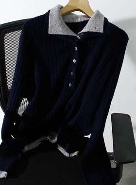 美惨实穿100绵羊毛老钱风假2件上衣女时尚洋气翻领针织衫毛衣秋冬