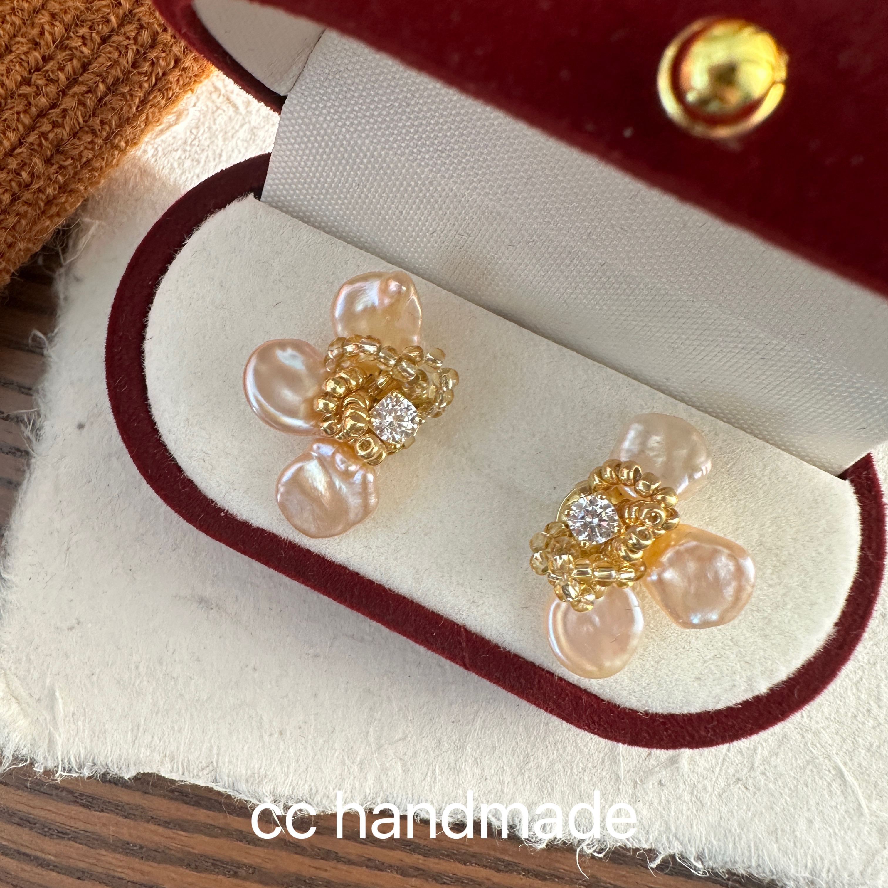 cc手作秋冬新款 暖橘色 法式复古花朵耳钉花瓣耳环s925银锆石耳夹