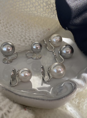 cc手作 经典真多麻色系灰色白色银色耳夹奥地利施家珍珠小众设计