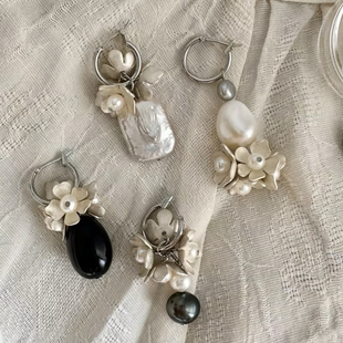 cc手作 原创银白之花花团耳环天然珍珠黑玛瑙森系穿搭耳饰耳夹