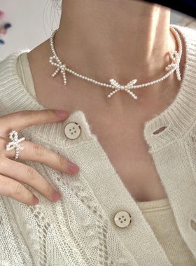 cc手作 甜美蝴蝶结珍珠项链锁骨链s925银气质少女手工串珠ins风