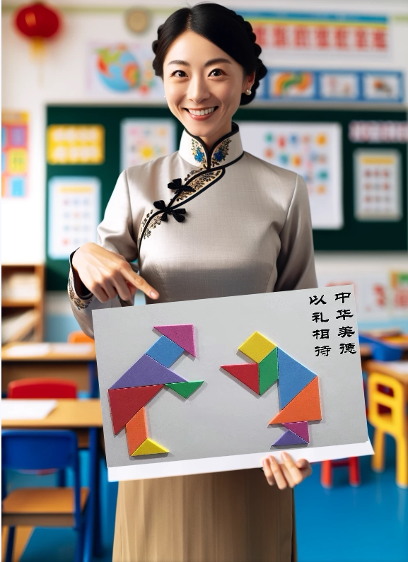七巧板贴纸创意拼贴画 中华传统美德以礼相待小学生拼图贴画