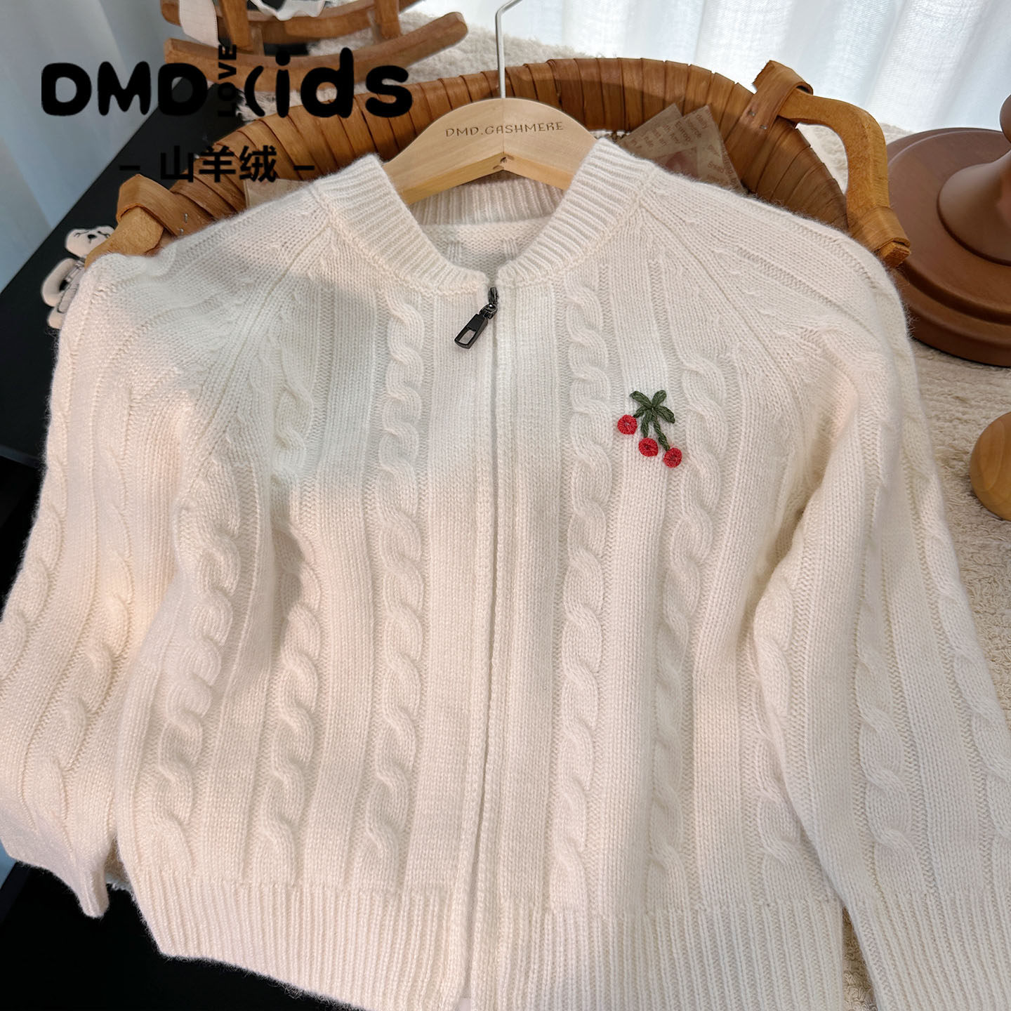 DUMENGDUO 洪叶云台女童100%羊绒衫外套双股白色麻花儿童毛衣开衫