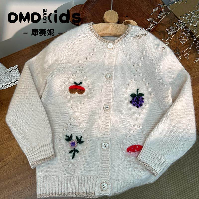 女童100%山羊绒加厚绣花毛衣开衫