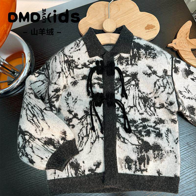 儿童羊绒衫开衫风水墨画加厚款式