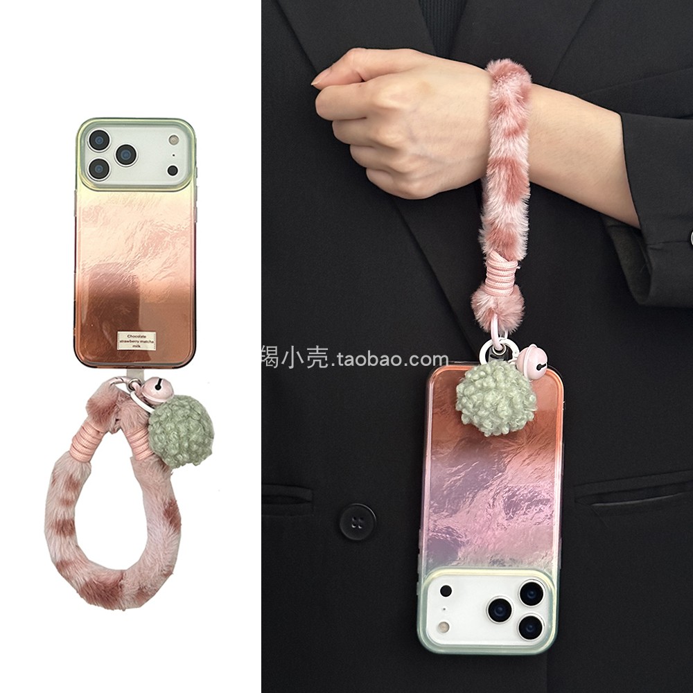韩系ins粉绿棕毛绒铃铛豹纹手绳17promax/16pro适用于iphone15promax好看简约14pm苹果12小众新款13女