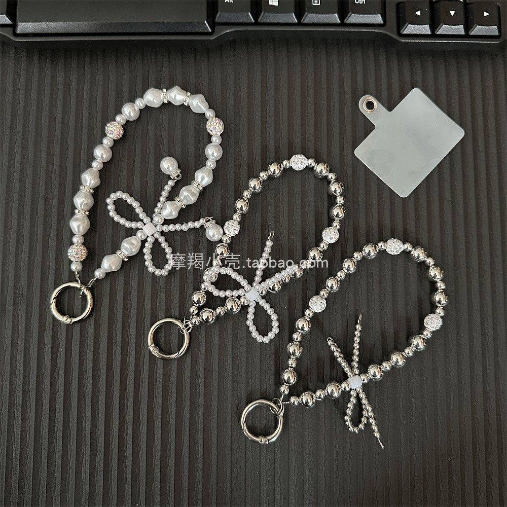 小香风珍珠银珠带钻蝴蝶结手机链条短款手腕绳ccd钥匙扣背包挂链