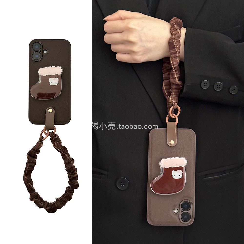 韩风ins复古咖色袜子kt支架挂绳17promax/16pro适用于iphone15promax便携式手腕绳14pm苹果12/11全包13女