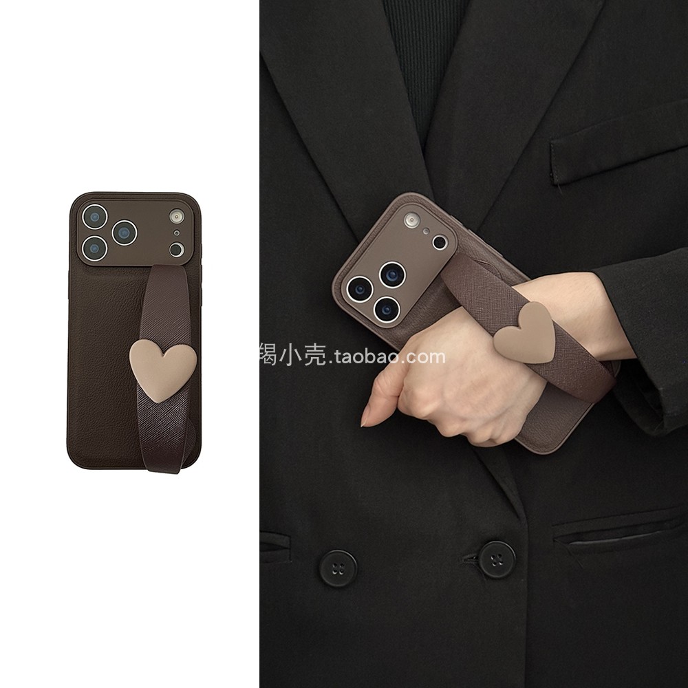 简约复古深咖小爱心皮质手腕带17promax/16pro适用于iphone15promax便携14pm苹果12/11全包13新款