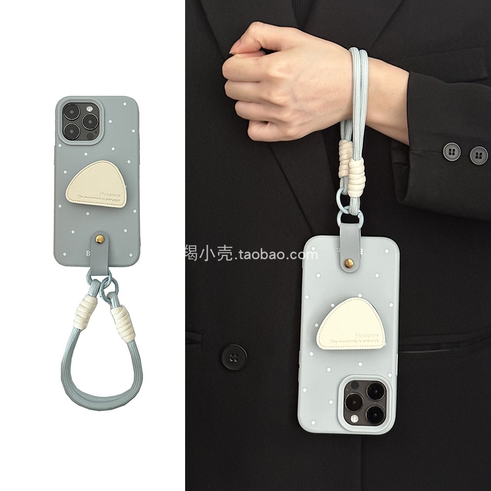 简约少女小众灰蓝白波点软皮支架手机壳15promax手腕绳16pro适用于iPhone14pro全包新款12/13女手拎11软套