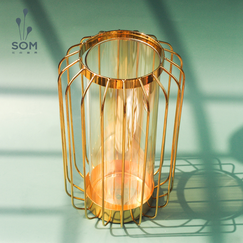 金色金属花瓶插花摆件灯笼储水桶状玻璃花瓶家居饰品花束拍摄道具