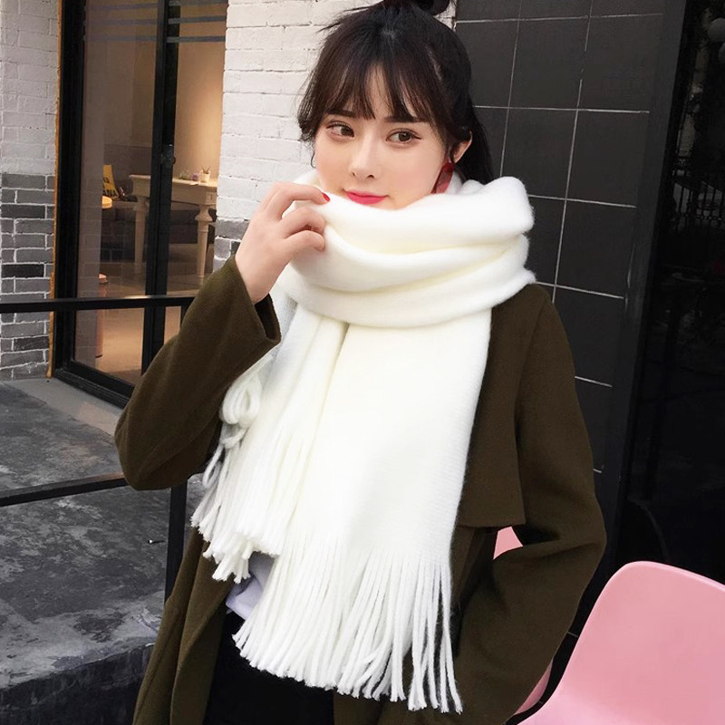 韩版百搭白色围巾女冬季2025新款学生加厚细毛线针织围脖可爱少女