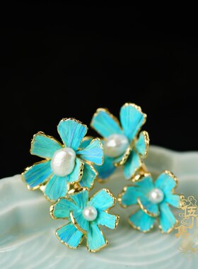 伍川集【花承露】野花款仿点翠汉服旗袍新中式秀禾新娘复古耳环