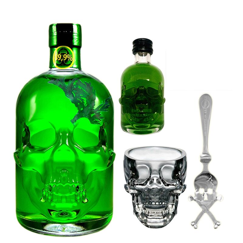 【绿魔骷髅酒版】89.9度德国进口绿魔骷髅头苦艾酒烈酒带杯勺