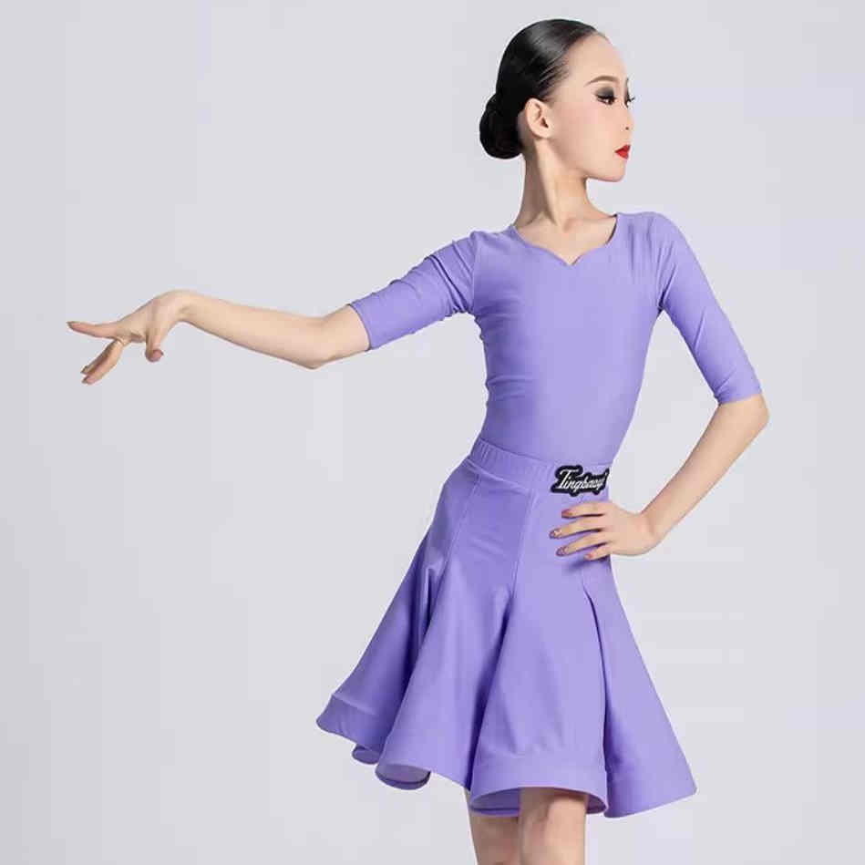 女童拉丁舞蹈专业比赛规定服中袖艺考考级锦纶大摆裙套装演出服装