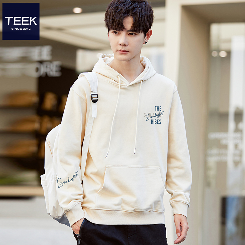 TEEK春季男装连帽纯棉卫衣外套学生青少年春秋款米色带帽衫上衣服
