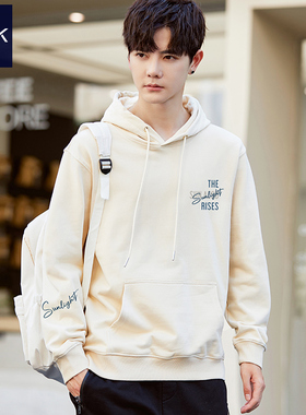 TEEK秋冬季男装连帽纯棉卫衣外套学生青少年加绒米色带帽衫上衣服