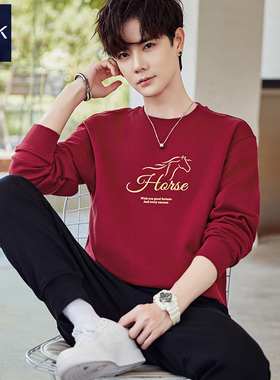 TEEK2026秋冬马年本命年卫衣男 酒红色加绒长袖T恤新年红色上衣服