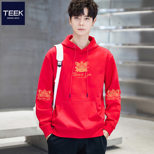 TEEK2026大红色纯棉连帽卫衣男秋季马年本命年醒狮印花连帽上衣服