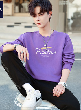 TEEK青少年深紫色卫衣男款纯棉 春季圆领长袖T恤帅气简约韩版上衣