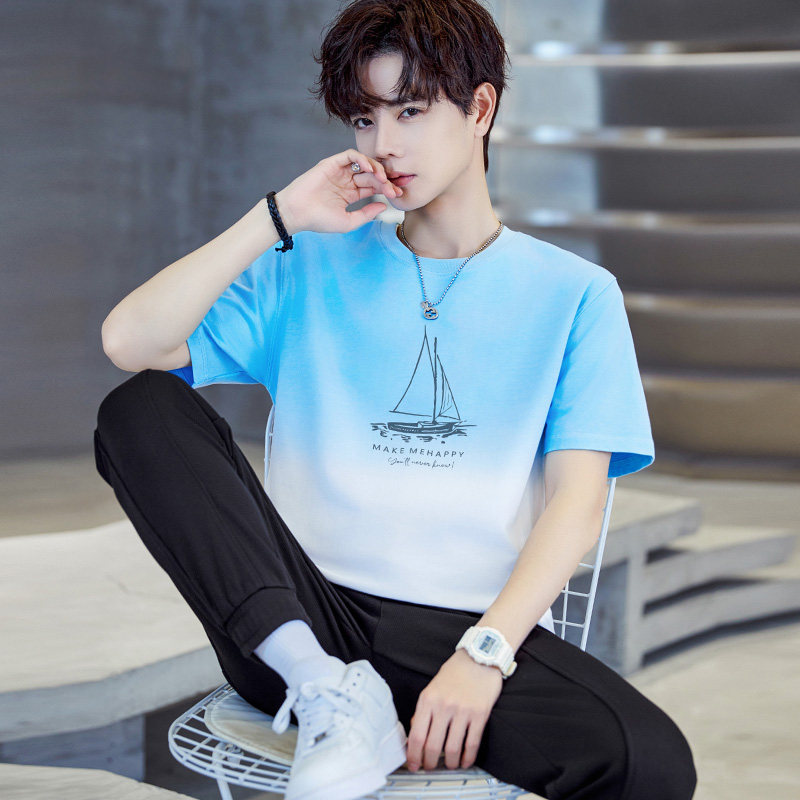Teek2026 Summer Gradient Color T-Shirt Short-Sleeved Men's Boat Print Color-Blocking Design Pure Cotton Half-Sleeve Top