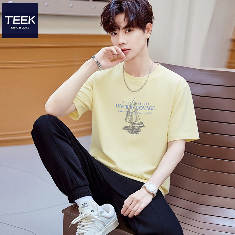 TEEK男士柠檬黄纯棉短袖T恤夏季衣服 韩版青少年帆船印花小众半袖