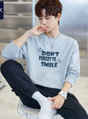 TEEK圆领卫衣男花灰色纯棉春季趣味笑脸长袖T恤高中生ins潮上衣服