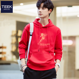 TEEK踏马流星红色连帽卫衣纯棉男秋冬季马年本命年喜庆带帽上衣服