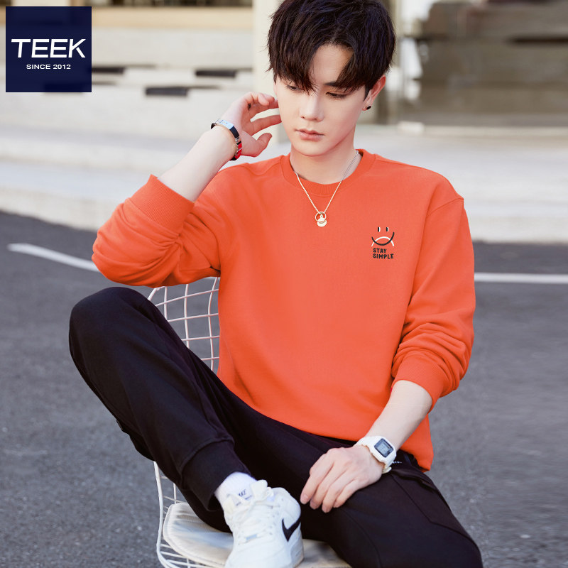 TEEK橘红色纯棉男士卫衣 2026春季笑脸印花长袖T恤高中生韩版衣服