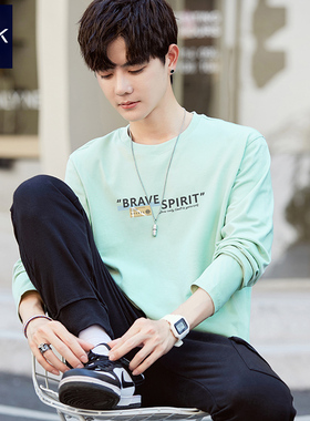 TEEK2025秋冬季长袖T恤男 嫩绿色高中生内穿高级感打底衫加绒上衣