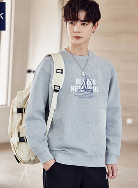 TEEK秋季重磅纯棉花灰色卫衣男 长袖T恤帆船印花高中生潮牌上衣服