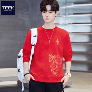 TEEK喜庆红色卫衣纯棉男秋冬马年本命年 骏马生肖长袖T恤加绒衣服