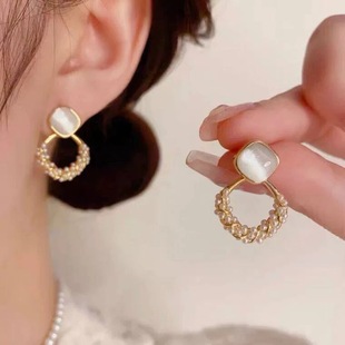 百搭小米珠耳环轻奢气质方块猫眼石耳钉女耳饰N2071