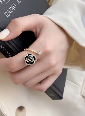 黑色山茶花戒指女小众设计轻奢个性食指戒JZ0005