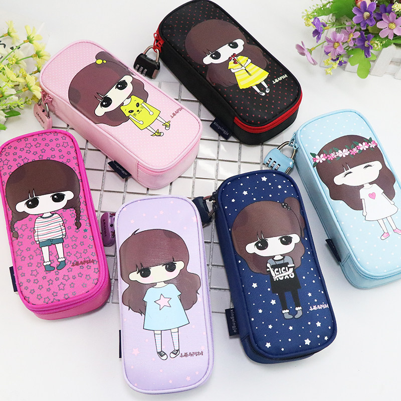 简约带密码锁帆布笔袋 韩国可爱女生铅笔盒 学生大容量文具收纳盒