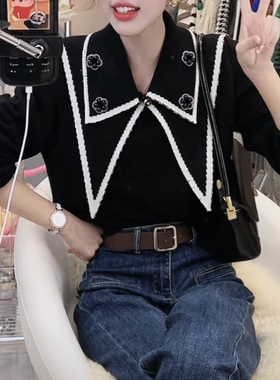 2023年秋装新款套头娃娃领花朵设计感拼接毛衣针织衫小众女长袖潮