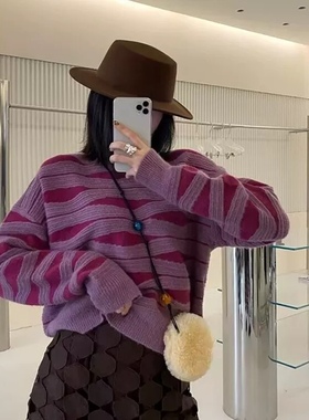 外贸女装专柜撤回秋冬撞色条纹半高领毛衣女加厚慵懒风外套潮