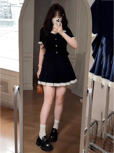 大码甜辣套装短袖上衣+半裙两件套女春夏微胖mm巨显瘦千金风套装