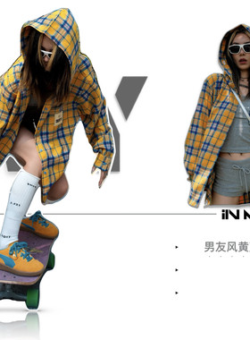 INMY  ↘ 慵懒风街拍Snap春秋格子男女同款宽松连帽衬衫