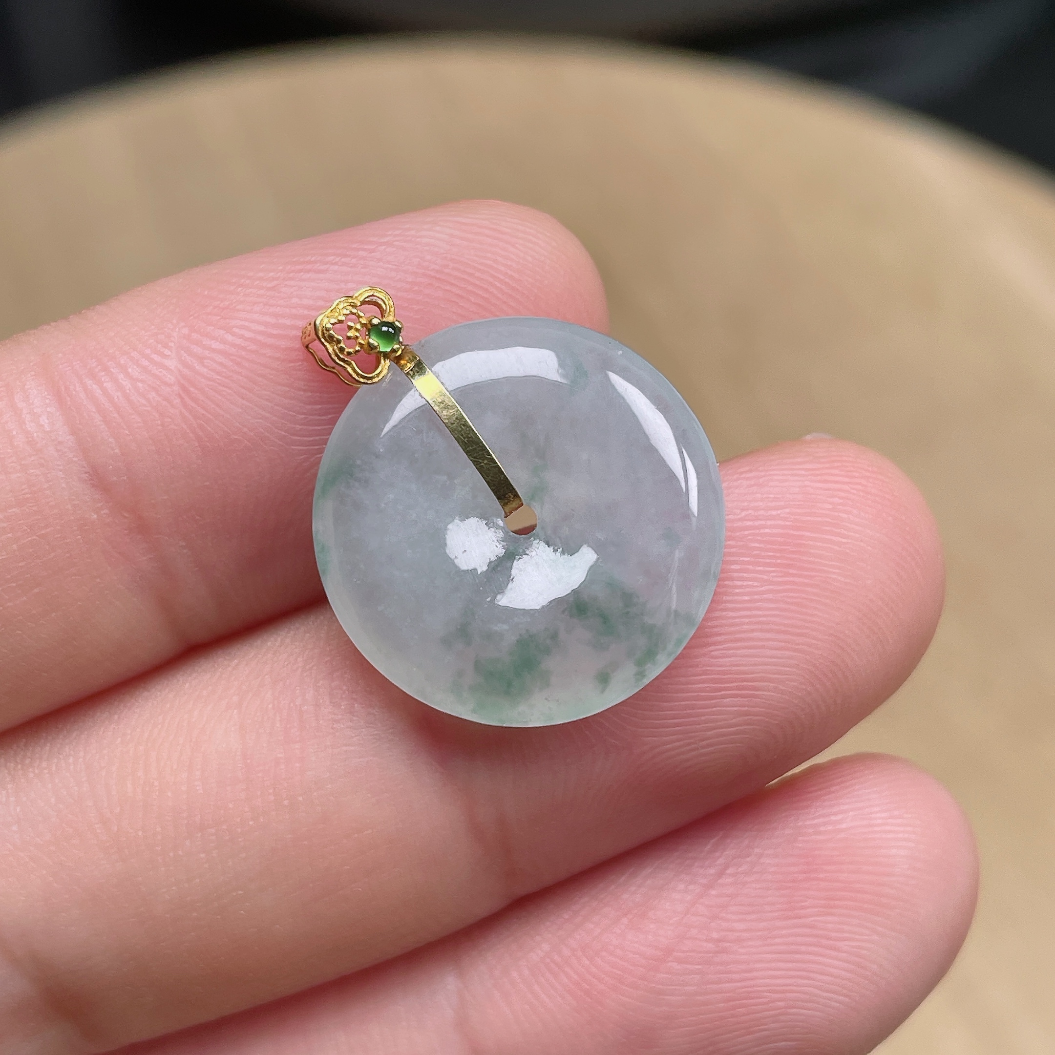 缅甸天然A货翡翠18K金镶飘花平安扣吊坠挂件22.6-18.8-4mm