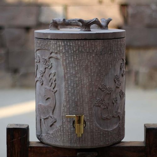木鱼石饮水机水缸储水罐滤水器天然原石纯手工茶水桶原色古朴雕刻