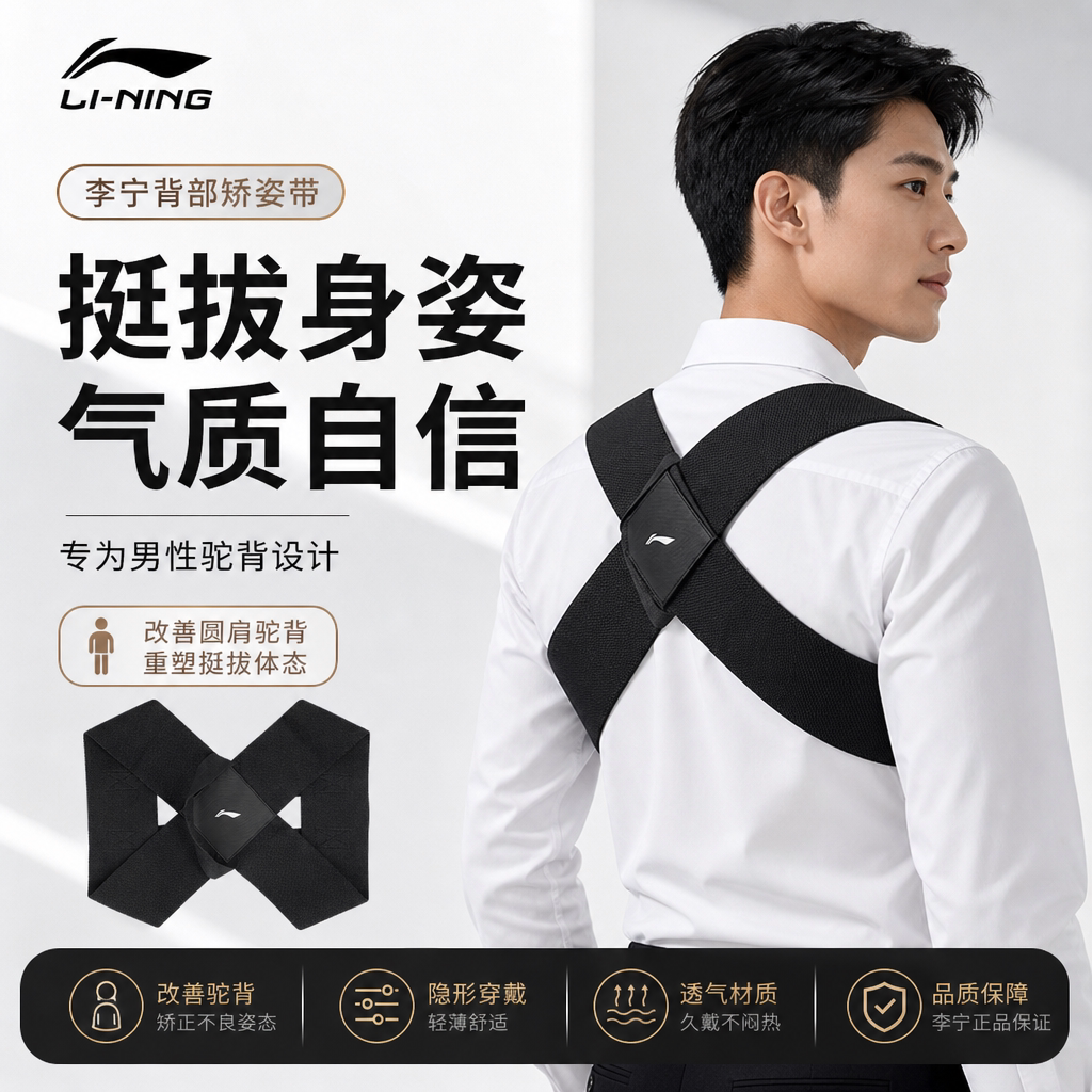 李宁男士专用驼背部矫正器背部开肩带美背矫姿带成人隐形直背挺胸