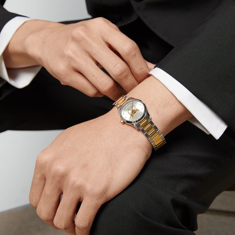 代购Gucci古驰手表 G-Timeless 镶钻银色表盘间金钢带女表 YA126