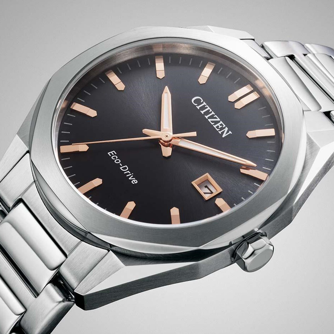 Citizen西铁城 Eco-Drive 光动能黑色表盘玫瑰金指针男士腕表代购