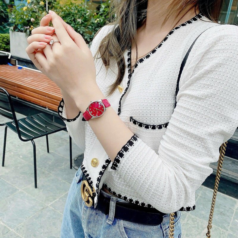 代购Gucci古驰 G-Timeless 红色珍珠贝母表盘皮带女士手表 YA126