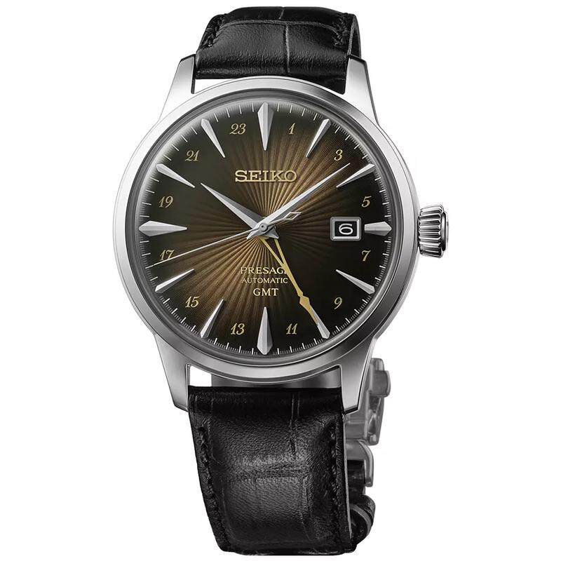 代购Seiko精工男士腕表GMT日期自动计时皮带钢壳防水40mm商务