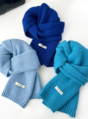 蓝色高级感100%羊毛围巾女冬季2025新款韩系针织百搭氛围感围脖男